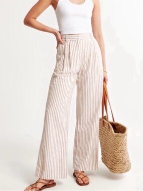 Abercrombie & Fitch Stripe Linen Wide Leg Pants Brown White Coastal Small Short